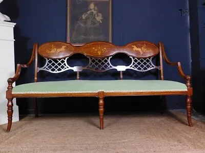 A Fine Antique Inlaid Hall Settle Bench Or Window Seat • 602.06£