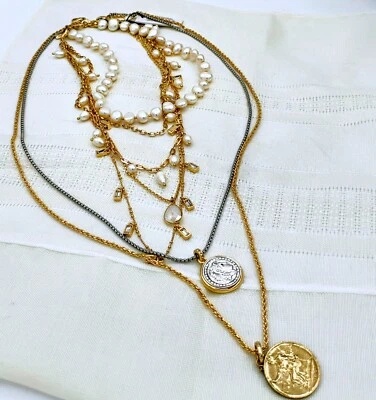 White House Black Market Real Freshwater Pearls 3 - 1 Necklace Gold Tone 14" NWT - Image 1 of 4