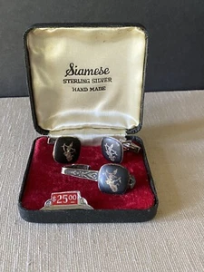 Siamese Sterling Silver Cufflinks & Tie Clip Set Original Box Black Enamel Girl - Picture 1 of 8
