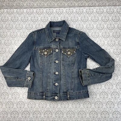Chaqueta informal de mezclilla azul abotonada lavada con diamantes de imitación Baccini para mujer talla S Foto 1 de 4
