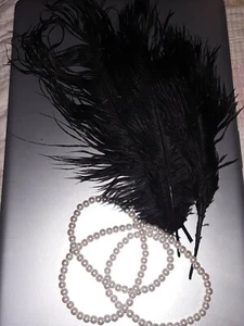 Bead Necklace w/ 3 black Plume Feather 20s Flapper 1920s Halloween costume - Picture 1 of 1