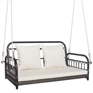 2-Seat Outdoor Porch PE Wicker Hanging Swing Chair w/ Seat & Back Cushion 2 Rope - Picture 1 of 10