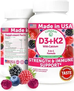 Lunakai USA Made Vitamin D3 K2 Gummies with Calcium for Women, Men & Kids - 3-in - Picture 1 of 9