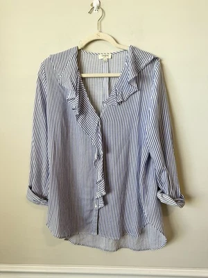 Umgee Blue Striped Ruffled. Lightweight Blouse Size  Medium ￼ - Image 1 of 4