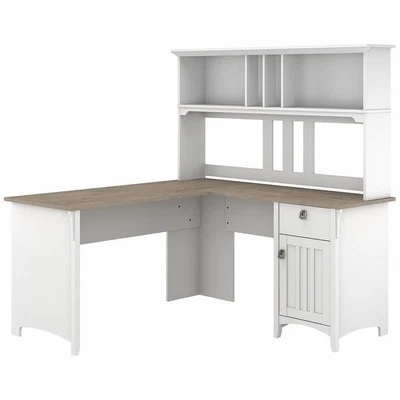 Salinas 60W L Shaped Desk with Hutch in White and Shiplap Gray - Engineered Wood - Image 1 of 4