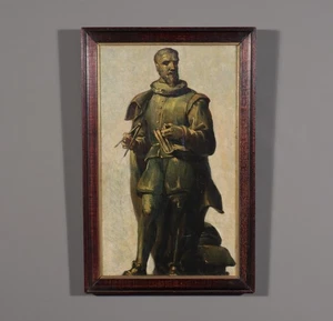 Quadro antico ad olio incorniciato su pannello/studio della statua di Simon Stevin a Brugge - Foto 1 di 12