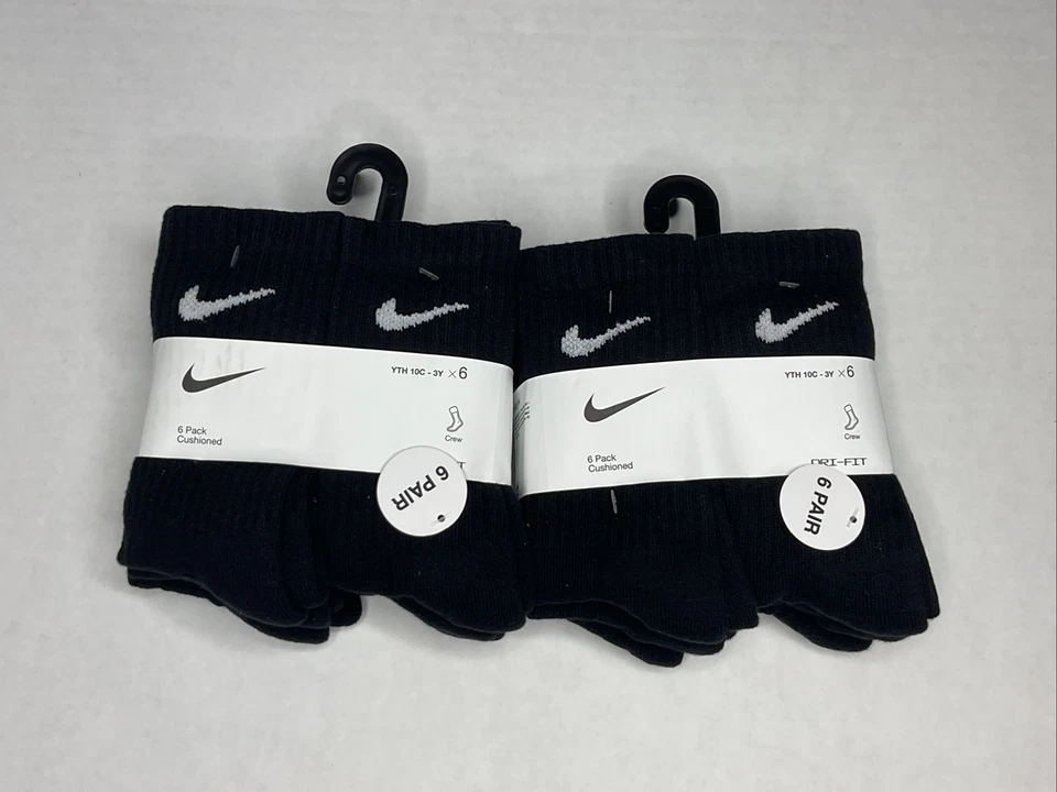 Nike Youth Dri-Fit Crew Socks 12 Pair Bundle 10C-3Y Black & Color