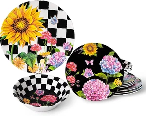 Juego de vajilla de melamina de 12 piezas de girasol incluye platos/platos y cuencos, sirve - Imagen 1 de 9