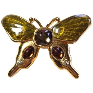 Monet Gold-Tone Enamel Butterfly Brooch Pin Amber Cabochon Moth Figural 90s Vtg - Picture 1 of 7