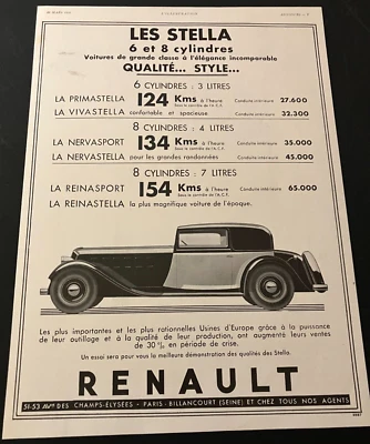 Francês 1933 Renault Stella Coupe - Vintage Impressão Original Anúncio/Arte de Parede - BOM - Imagem 1 de 4