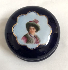 Royal Blue Medallion Cobalt Trinket Dish With Lid Germany Cameo Woman Gold Trim - Picture 1 of 8