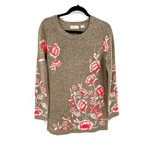 ANTHROPOLOGIE Sleeping On Snow Beige Coral Floral Embroidered Wool Sweater Small - Picture 1 of 7