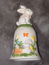 Vintage Ceramic Great Western Trading Easter Bunny In Garden Collectable Bell