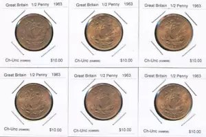 Gran Bretaña Grupo de 6 1963 medio centavo 1/2d Isabel II (6 monedas) - Ch-Unc - Imagen 1 de 3