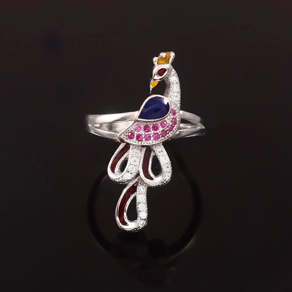 925 Argento Anello Pavone Design Argento Gioielli Rubino Moissanite Gemma Anello - Immagine 1 di 3
