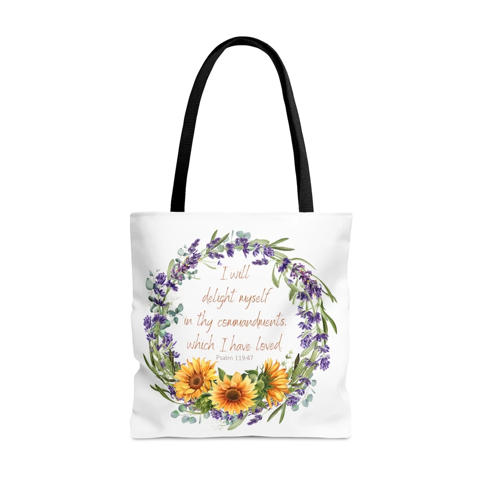 Scripture and Flowers Tote-Bible Verse Bible Carry Bag-Lavender & Sunflowers Bag - Image 1 of 1