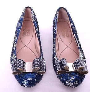 Designer Salvatore Ferragamo blau & silber Pailletten Ballerinas 7C ITALIEN - Bild 1 von 9