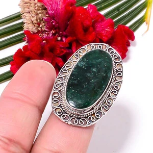 Green Aventurine - India Fine Art Oxidised 925 Sterling Silver Ring s.8.5 Sku32 - Picture 1 of 3