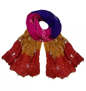 KKSM Bandhani Bandhej Taffeta Silk Multicolor Dupatta With Mirror Ghunghuru Work - Picture 1 of 2