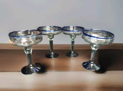 4 Hand Blown Mexican Cobalt Blue Rim Margarita Glass Goblets Set Of 2 6.5"H 8oz - Image 1 of 4