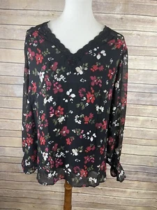 Lane Bryant Größe 20 neu mit Etikett geblümte Bluse schwarz rot V-Ausschnitt transparente Ärmel Karriere Oberteil - Bild 1 von 11