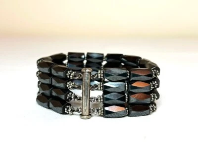 Pulsera Hematita Natural Hemada a Mano, Plata de Ley, Anudada, 4 Hilos, 7.25" Foto 1 de 4