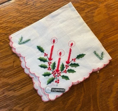 Vintage Unused Christmas Hanky Candles Holly Embroidered Switzerland w/Orig Tag! - Image 1 of 4