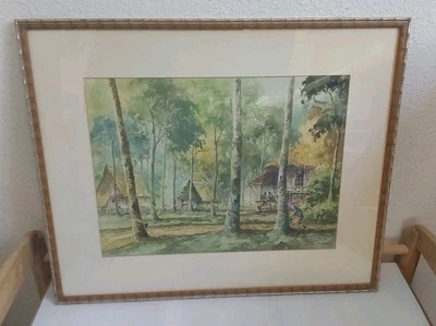 A.J. RAHMAN PHILIPPINE VILLAGE AT NIGHT ORIGINAL WATERCOLOR LANDSCAPE PAINTING  - Image 1 of 4