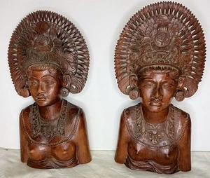 Pair of 2 Vtg Bali Klungkung Wood Carved Female Warrior Goddess Statues Bust 12" - Picture 1 of 10