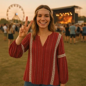Boho rote Bauernbluse XXL Tribal Print weiß Spitze V-Ausschnitt Langarm Oberteil - Bild 1 von 12