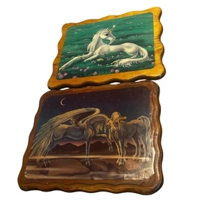 Set Of 2 Vintage 1980s Sue Dawe Unicorn Lacquered Wood Plaques See Photos - Picture 1 of 6