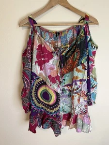 Camicetta funky Sacred Threads L hippie boho festival patchwork scollo a V con volant - Foto 1 di 6