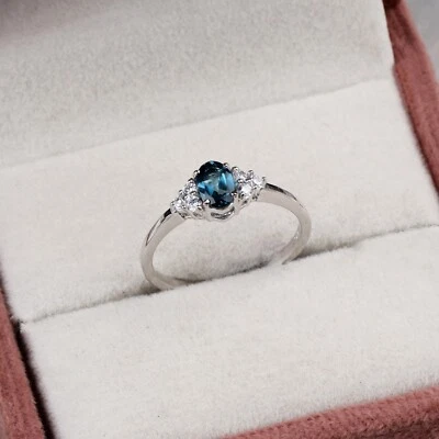 Natural London Blue Topaz & CZ Engagement Ring 925 Sterling Silver Ring Size 7.5 - Image 1 of 4