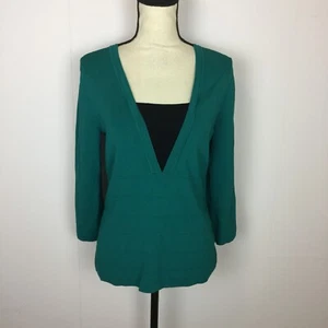 Spense Sweater Knit Top Size L Womans Teal Black Rib V-Neck 3/4 Sleeve Pullover - Picture 1 of 13