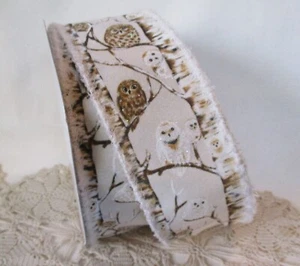 2 1/2 inch wide 5 Yds Barnie Owl and Birch with raw edge Offray Wired ribbon - Picture 1 of 2