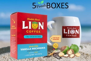 LOT OF FIVE VANILLA MACADAMIA Lion Coffee Hawaiian Isle Single Serve Drip Pouch  - Picture 1 of 5