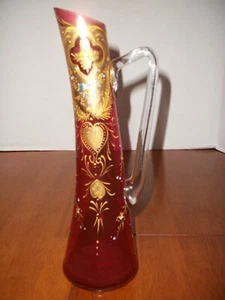 Vintage 10" Cranberry Glass Bohemian Style Gold Gilded Pitcher/Vase - Picture 1 of 6