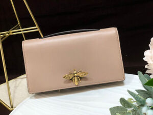 AUTH CHRISTIAN DIOR BEE CLUTCH FLAP POUCH BEIGE LEATHER HANDLE GOLD HW