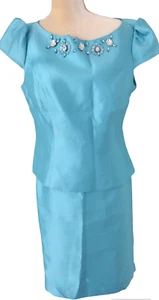 Nippon Boutique Women Frost Blue Skirt Suit- Size 16 Beaded Short Sleeve 2PC - Picture 1 of 14