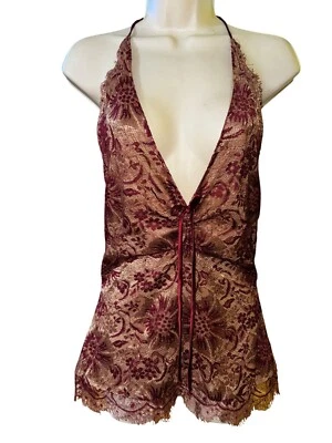 MARC BOWER Metallic Floral Lace Top Plunge Sexy Halter Burgundy Gold Size 12 - Image 1 of 4