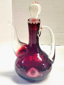 Vintage Ruby Red Glass Cut To Clear Cruet With Spout And Stopper  7in - Picture 1 of 4
