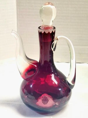 Vintage Ruby Red Glass Cut To Clear Cruet With Spout And Stopper  7in - Image 1 of 4