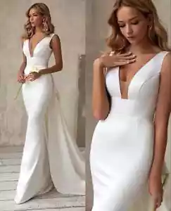 Vestidos de novia de sirena de satén elegantes para mujer con cuello en V sin espalda vestidos de novia formales - Imagen 1 de 24
