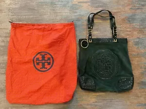 Rare $495 Tory Burch Crest Dark Green Leather Tote Handbag Purse - Picture 1 of 6