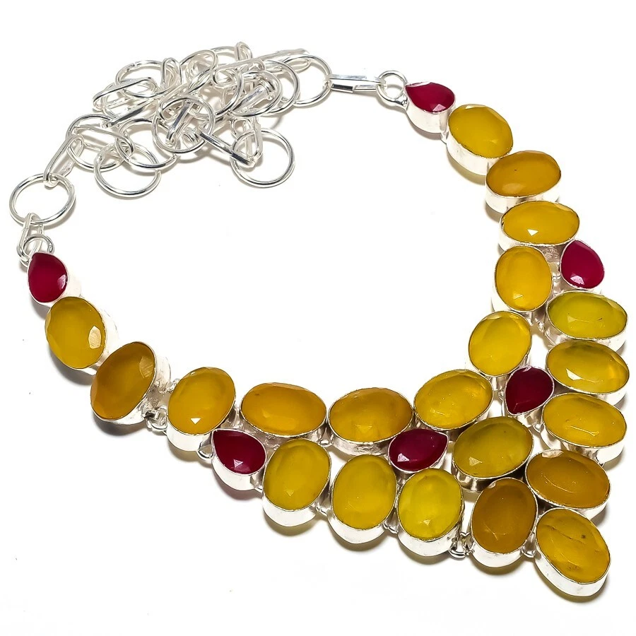 Collar de joyería de plata 925 hecho a mano de ónix amarillo, piedras preciosas de rubí 18" R-303 Foto 1 de 1