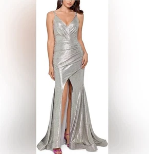 Betsy & Adam Damen Silber Slinky Metallic Frontschlitz Abendkleid Größe 2 Neu mit Etikett - Bild 1 von 13