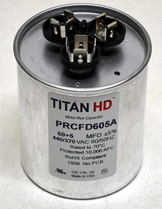 Condensatore di funzionamento motore Titan HD rotondo 60+5MFD 440/370 VAC Made in USA - Foto 1 di 5
