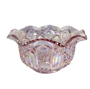 L E Smith Bowl Pink Carnival Glass Crimped Iridescent 6.5” Vintage - Picture 1 of 12