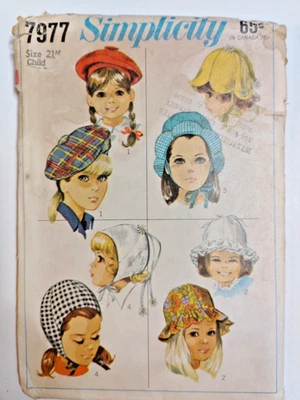 Simplicity 7977 Hats Helmet Sun Bonnet Beret Sewing Pattern Childs 21" VTG 60s - Image 1 of 4