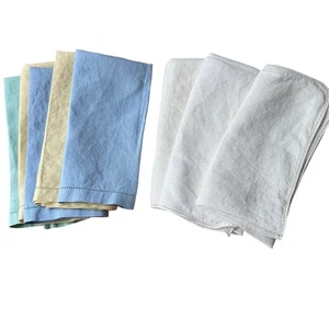 Vintage Cloth Napkins Mismatched Lot 0f 8 Cotton Linen Blue Yellow Green Ivory  - Picture 1 of 6